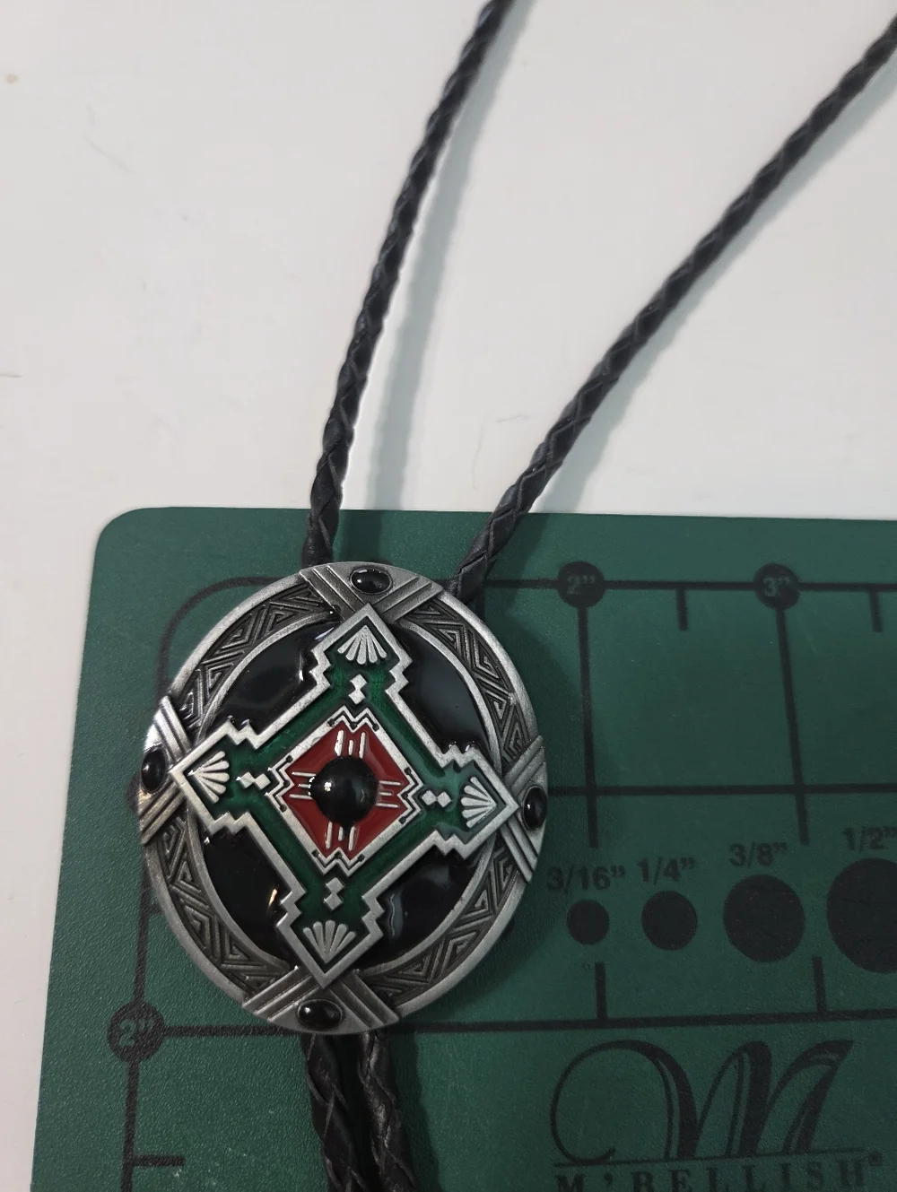 Southwestern-Inspired Black Bolo Tie with Green and Red Accent 40in unisex